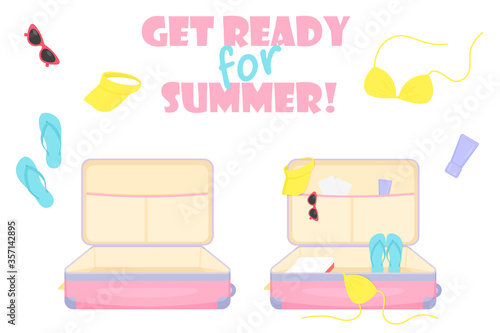 Getting ready for summer vacation. Empty and packed women's suitcase. Trip packing and preparation concept. Vector travel bag, bikini, flip flops, glasses and visor cap isolated on white background