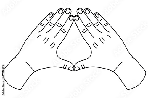 Gestures of two hands together making triangle shape. Vector illustration in line style isolated on white background.