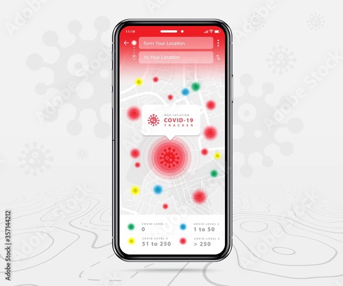 Covid-19, Mobile map tracker, Smartphone map application and track corona virus pinpoint on screen, App search map navigation, isolated on line maps background, Vector illustration for graphic design