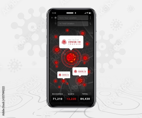 Covid-19, Mobile map tracker, Smartphone map application and track corona virus pinpoint on screen, App search map navigation, isolated on line maps background, Vector illustration for graphic design