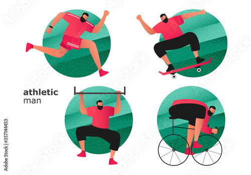 A set of athletes from different sports. A cyclist and a runner participate in a triathlon. Guy on a skateboard. The athlete on the crossbar lifts the body. Vector illustration of active sports