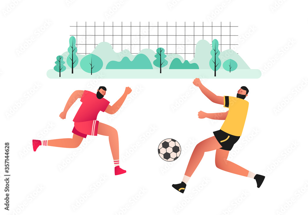 Players pass the ball with their feet. Football is played by rivals from two teams. Popular sport. Vector illustration