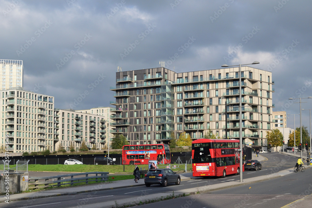 cityscape from urban area Stratford, London, England, Great Britain (UK). Tall housing building. Flats. Apartments.