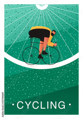 Cycling dust jacket. A bicyclist biker participates in a marathon. Vector illustration of extreme sports