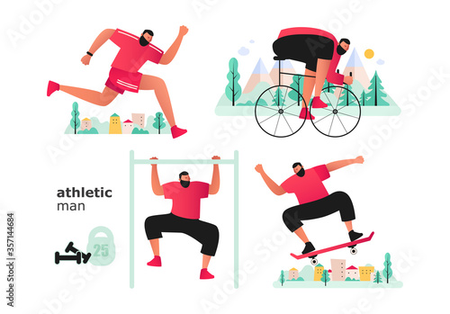 A set of athletes from different sports. A cyclist and a runner participate in a triathlon. Guy on a skateboard. The athlete on the crossbar lifts the body. Vector illustration of active sports