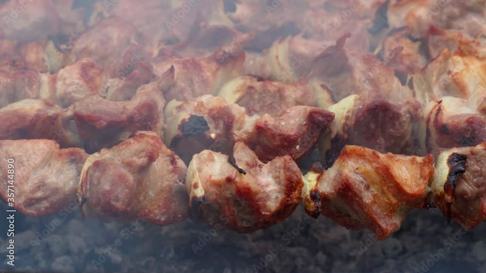 barbecue closeup, meat roasted on the fire, the pork is marinated shish kebab, delicious food barbecue closeup, meat roasted on the fire, the pork is marinated shish kebab, delicious food