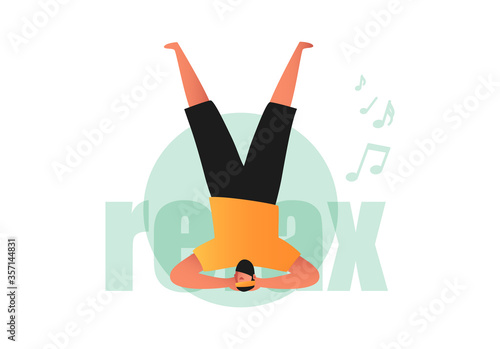 A sporty man in a yoga pose, standing on his head with his legs raised. Asanas Of Shirshasana. Balance and body training. Illustration of an active lifestyle