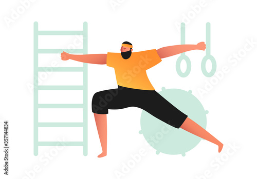 A sporty man stands in a yoga pose in the gym in a t-shirt and leggings. Fitness stretching. Illustrations in the style of comics about a healthy and active lifestyle