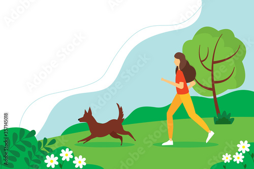 Woman running with the dog in the Park. The concept of an active lifestyle. Cute summer illustration in flat style.