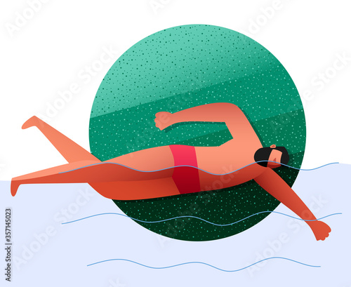 An athlete-swimmer swims in the pool, performs a crawl. Sports swimming in the distance. Vector illustration of a water sport