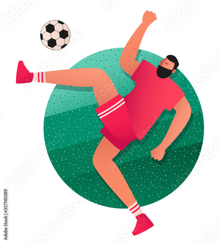 The player jumps and kicks the ball. Attacking player of the football team in equipment. Vector illustration of a football player in the game