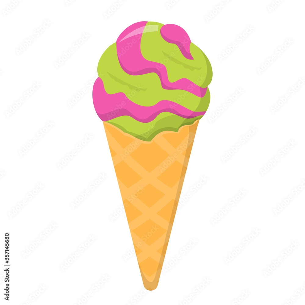 Ice cream vector isolated. Sweet cold dessert, pistachio and berry taste. Colorful frozen snack, delicious food.