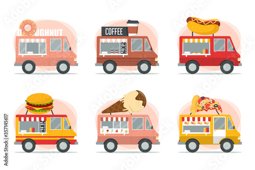 Street food trucks set vector isolated. Pizza, burger, hot dog and ice cream vendor. Tasty coffee in vehicle.