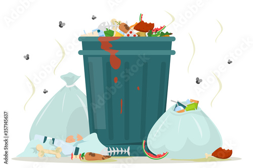 Dirty garbage around the trashcan vector isolated. Food waste in the dust bin, unpleasant smell from the trash bags. Flies flying around the rubbish. Filthy view.