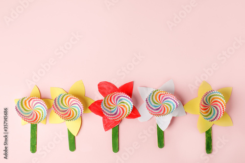 Paper craft Flower Decoration Concept on pink background, simple creative diy idea for kids, daycare, kindergarten, school, Happy mother day greeting card