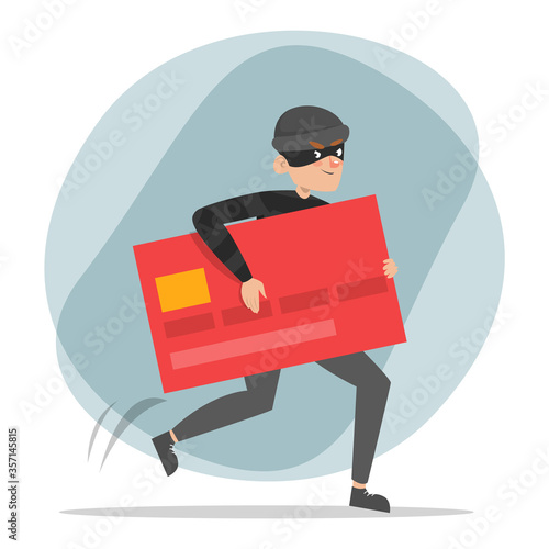 Robber running with a stolen red credit card vector isolated. Illegal action, thief in black mask. Safety of the money in danger.