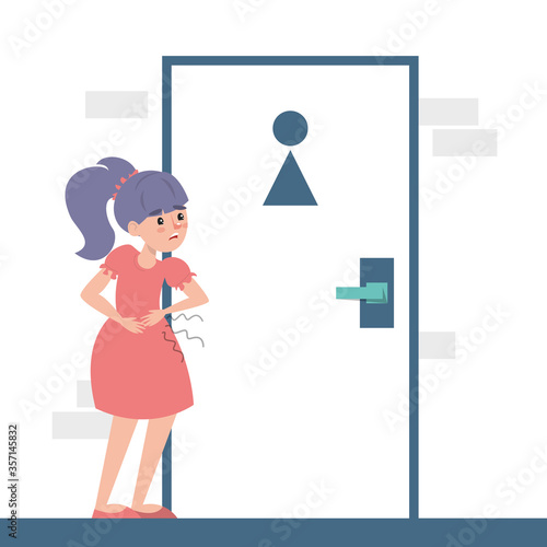 Child with a diarrhea waiting at the toilet door vector isolated. Girl with pain in stomach. Belly disease. Person needs to get to the toilet.