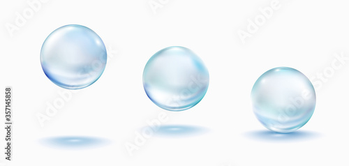 Collagen droplets set isolated on white background. Realistic vector clear dews, blue pure drops, water bubbles or glass balls template
