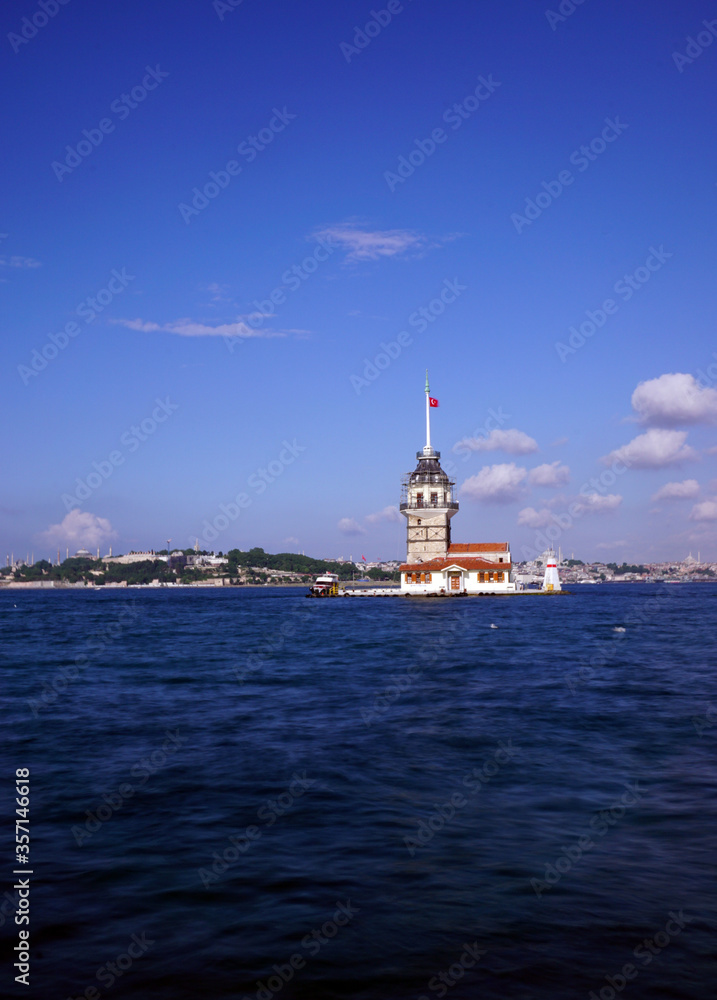 Maiden's tower, symbol of Istanbul, Turkey, Blue sky and sea