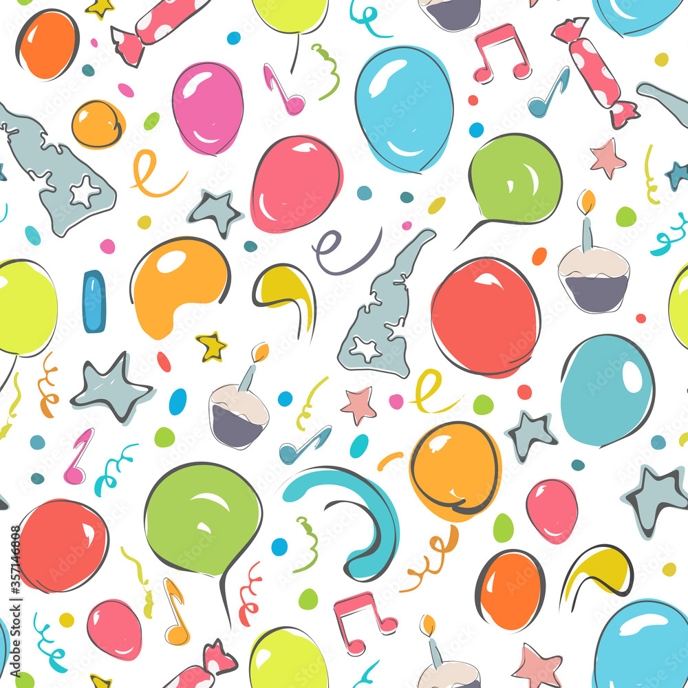 Happy birthday seamless patern with balloons, confetti, stars, firework, music notes