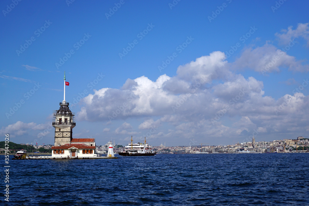 Maiden's tower, symbol of Istanbul, Turkey, Blue sky and sea