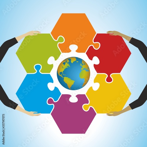 Earth globe surronded by puzzle pieces, hold by hands. The image can be found with other parts of world in front of globe. Vector illustration. photo