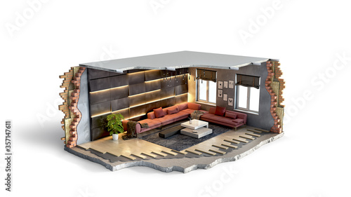 Fototapeta Naklejka Na Ścianę i Meble -  Cross section of cozy modern living room, 3d illustration