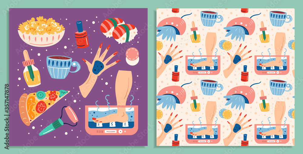 Home spa night. Beauty process. Skin hair health care. Bathroom, shower. Cosmetics, food, hydro massage, drinks. Flat hand drawn vector illustration, set, stickers. Seamless pattern, texture, back. Home spa night. Beauty process. Skin hair health care. Bathroom, shower. Cosmetics, food, hydro massage, drinks. Flat hand drawn vector illustration, set, stickers. Seamless pattern, texture, back.