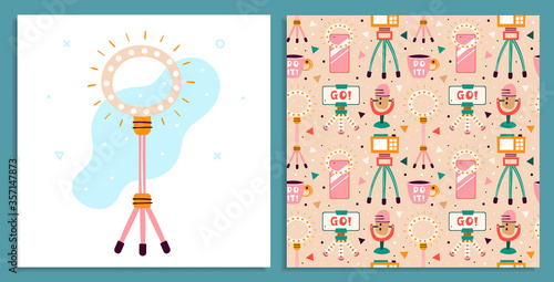 Blogging, vlogging set. Filming items. Camera, smartphone, tripod, lightning, selfie, stream, cup. Flat colourful vector seamless pattern, texture, background, backdrop isolated on beige background. 