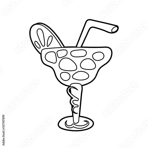 Cool cocktail with ice, lemon and tube. 
Summer drinks. Margarita cocktail. Pool decor. Summer seaside beach pool party. Doodle line art vector illustration icon sticker. Coloring page, book. Isolated