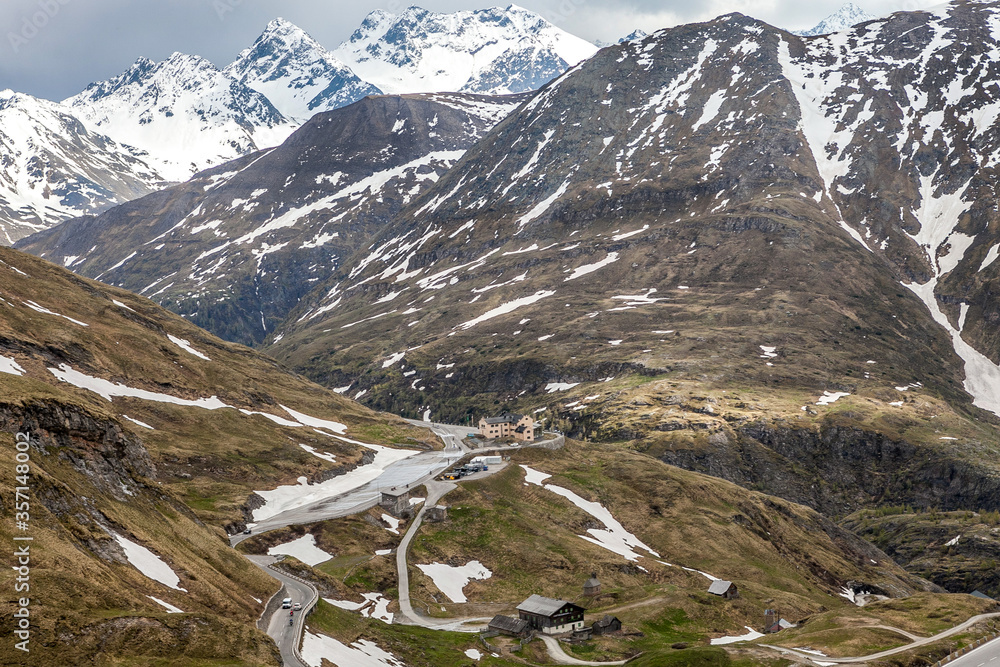 View of the picturesque passes and bends of the Grossglockner high mountain road in Austria.