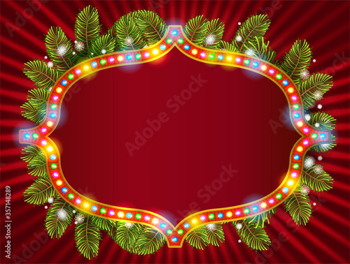 Happy new year 2016 light frame with christmas decorations, and garland. Fir tree background with place for text. Vector illustration.