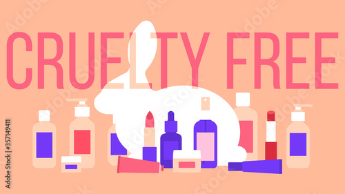 Cruelty free. White rabbit and a set of different cosmetics: lotion, lipstick, tonic, cream, serum, skin milk.The concept of care for animals, nature and cruelty free.