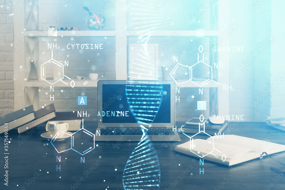 Desktop computer background and DNA drawing. Double exposure. Science concept. Desktop computer background and DNA drawing. Double exposure. Science concept.