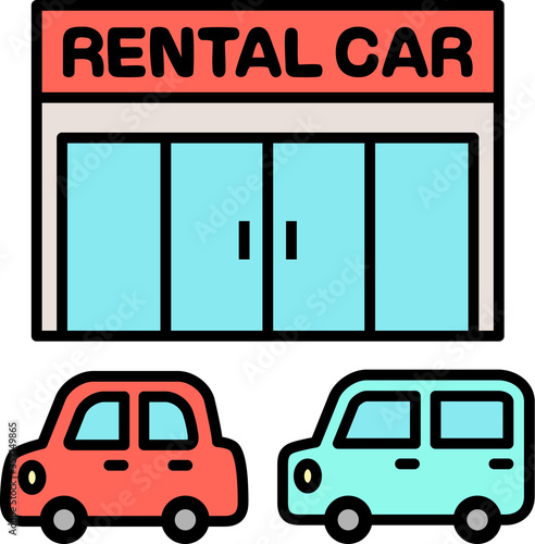 レンタカーショップと車のシンプルなイラスト