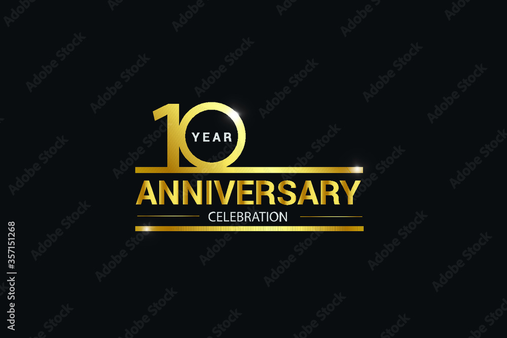 10 year anniversary celebration logotype. anniversary logo with golden and Spark light white color isolated on black background, vector design for celebration, invitation card greeting card-Vector - obrazy, fototapety, plakaty 