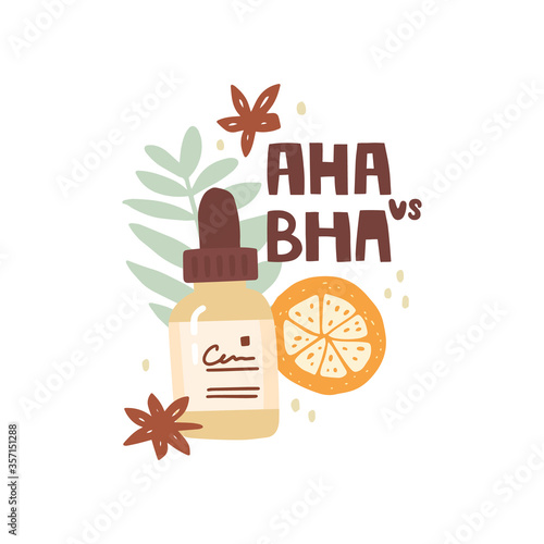 Vector hand drawn cosmetic packaging, glass bottle with a pipette, serum. Orange and tropical leaves. Handwritten lettering aha vs bha. Skin Care, Acids, Peeling, Active Ingredients. Banner design