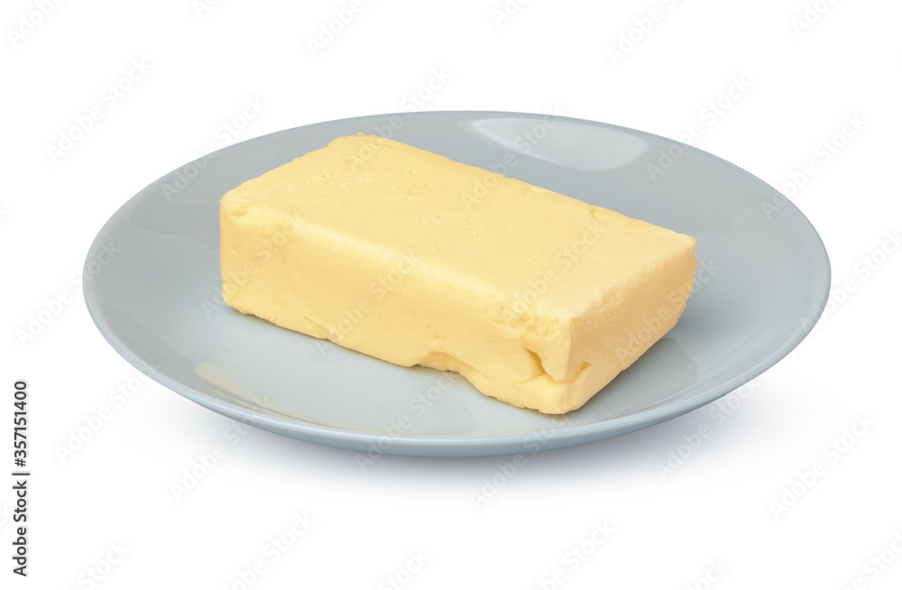 Butter on white plate isolated on white background