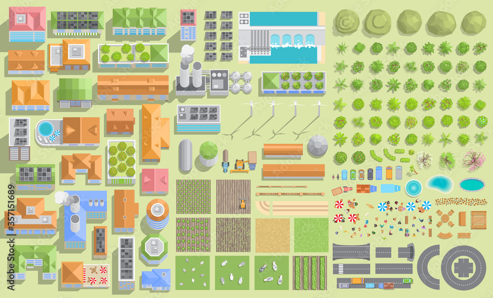 Fototapeta premium Set of landscape elements. Green city and farm. (View from above) Trees, houses, buildings, road, solar panels, wind turbines, agricultural fields. (Top view) 