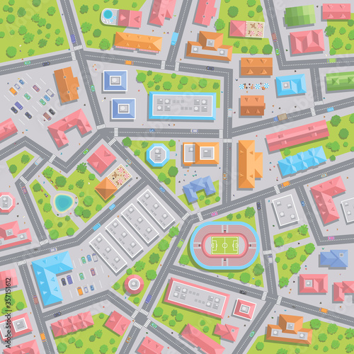 Vector illustration. City view from above. 
Cityscape top view.
Streets, houses, buildings, roads, crossroads, park, stadium, trees, cars.