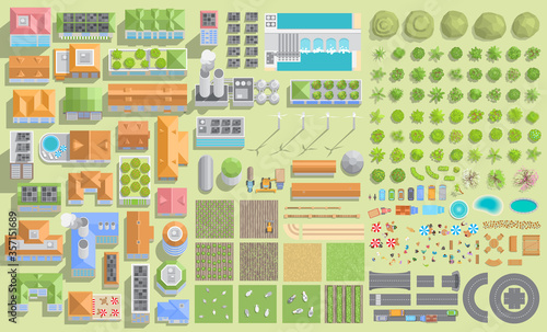 Set of landscape elements. Green city and farm. (View from above) Trees, houses, buildings, road, solar panels, wind turbines, agricultural fields. (Top view) 