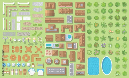 Set of landscape elements. Houses, architectural elements, furniture, plants. Top view.
Fences, paths, lights, furniture, houses, trees, pools. View from above.
