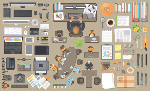 Vector set. Workspace businessman. Items on the desktop. Top view.
Computer hardware and gadgets. Stationery. Paper and desktop objects. People and furniture. View from above.