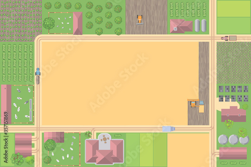 Farm top view.
Fields, houses, buildings, roads, trees, bushes. (view from above) 