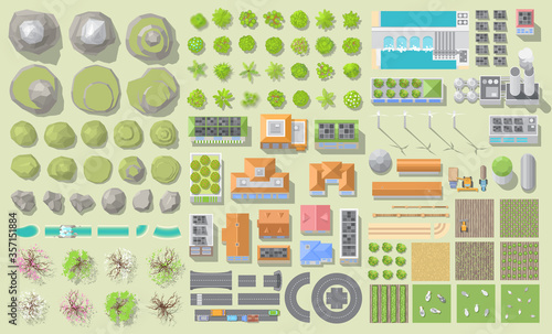 Set of landscape elements. Green city and farm. (View from above) Trees, houses, buildings, road, solar panels, wind turbines, agricultural fields. (Top view) 