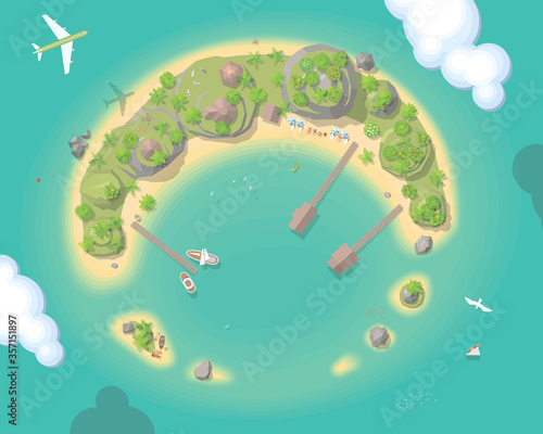 Vector illustration. Island top view. Summer vacation. Time to travel - sun, sea, island, sand, yacht, airplane, palm, clouds. (View from above)