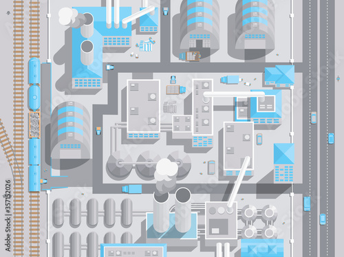 Factory top view. Production, industry, transportation, technology.
Plant view from above.