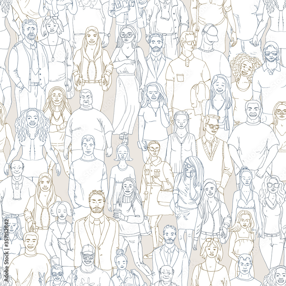 hand darwn crowd of people seamless vector pattern