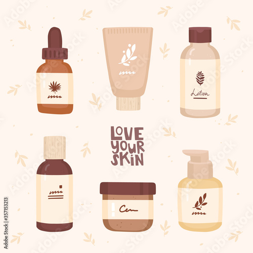 Set of cosmetic packaging. Serum, cream, lotion, fluid. Handwritten lettering love your skin. Delicate background, pattern of leaves. Stages of skin care, icon design. Night and day skin care, routine
