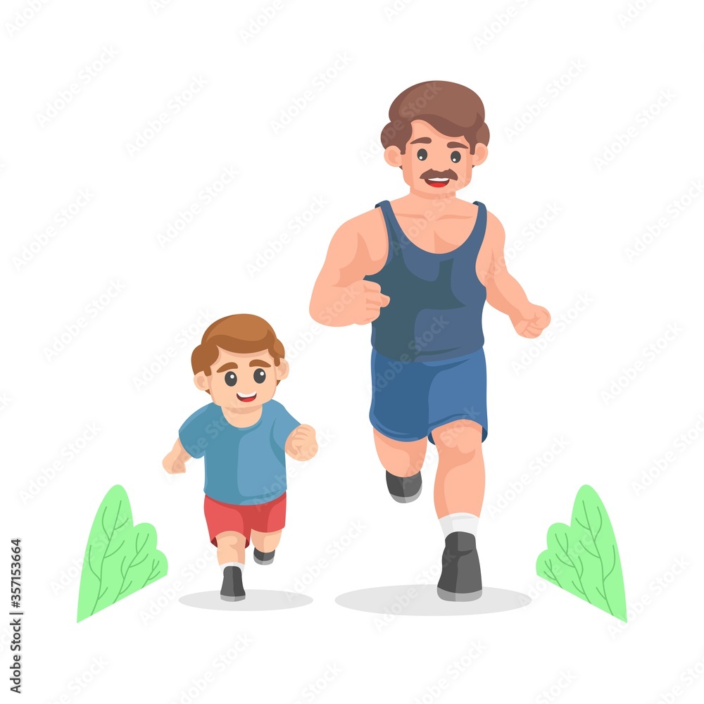 Fototapeta premium Cartoon father and son running together. Morning jogging. Sporty family. Fatherhood concept. Physical activity and healthy lifestyle.happy fathers day concept
